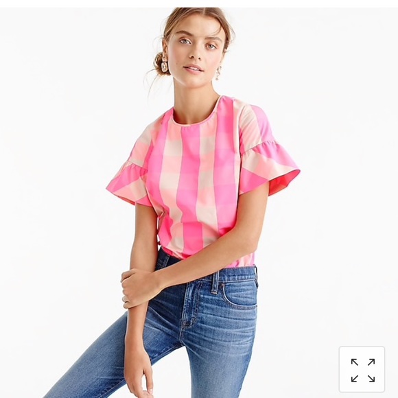 J. Crew Tops - JCrew Buffalo Check Ruffled Neon Pink Top